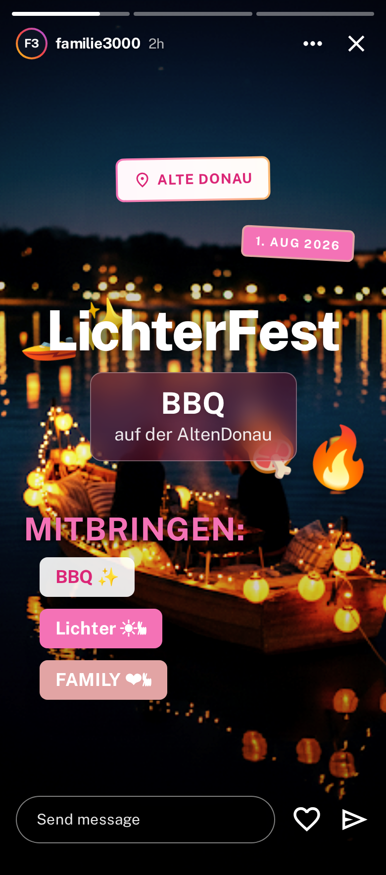 Family3000 präsentiert: LichterFest BBQ auf der Alten Donau – DinnerBootsfahrt, Griller an Board. Mitbringen: BBQ, Lichter, Family. 1. August 2026.