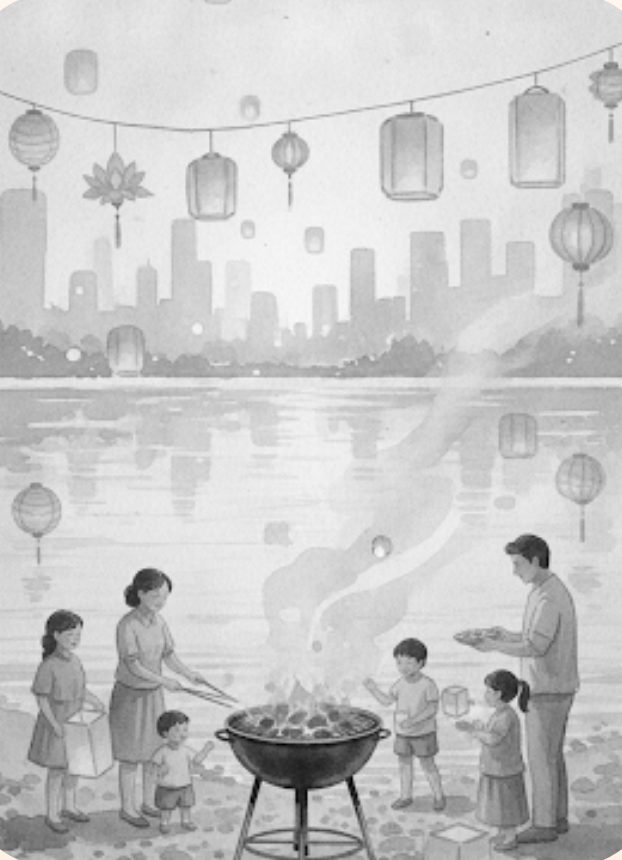 Illustration: grillszene am wasser der alten donau, die familie deckt auf, das wasser liegt still