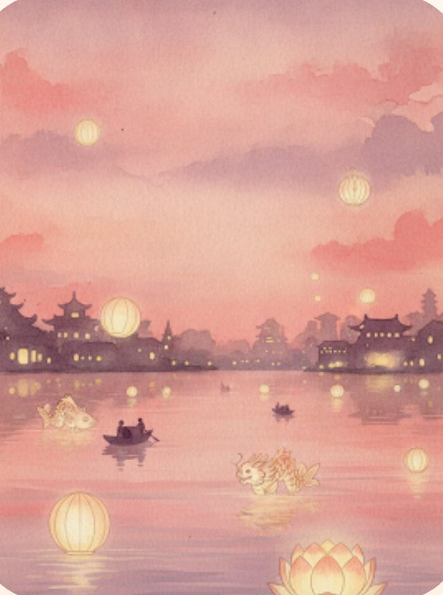 Illustration: dämmerung über dem wasser, lampions leuchten, die stadt spiegelt sich rosa
