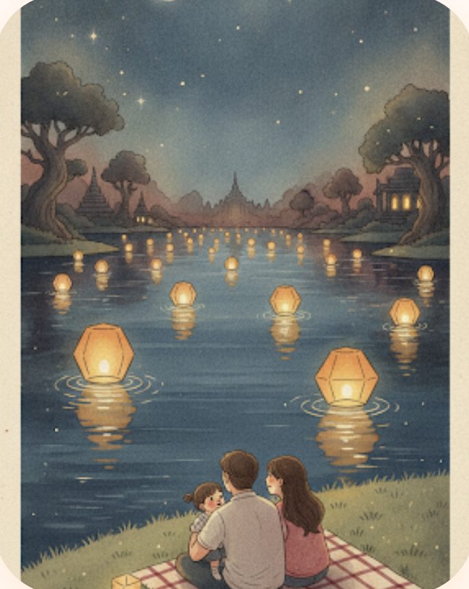 Illustration: leuchtende laternen treiben nachts übers wasser, zwei sitzen auf der picknickdecke und schauen zu